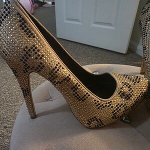 Cheetah Print Report Signature Gold and Black Rhinestone Heels